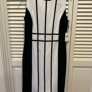 Calvin Klein Black and White Sheath Midi Dress